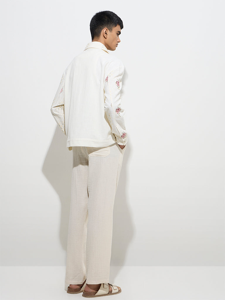 Westside ETA Men's Off-White Textured Relaxed-Fit Mid-Rise Cotton Chinos for Casual Wear Back View