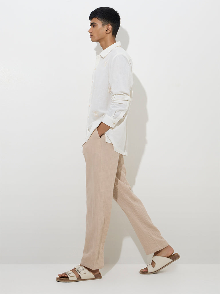 Buy ETA Beige Textured Relaxed-Fit Mid-Rise Cotton Chinos
