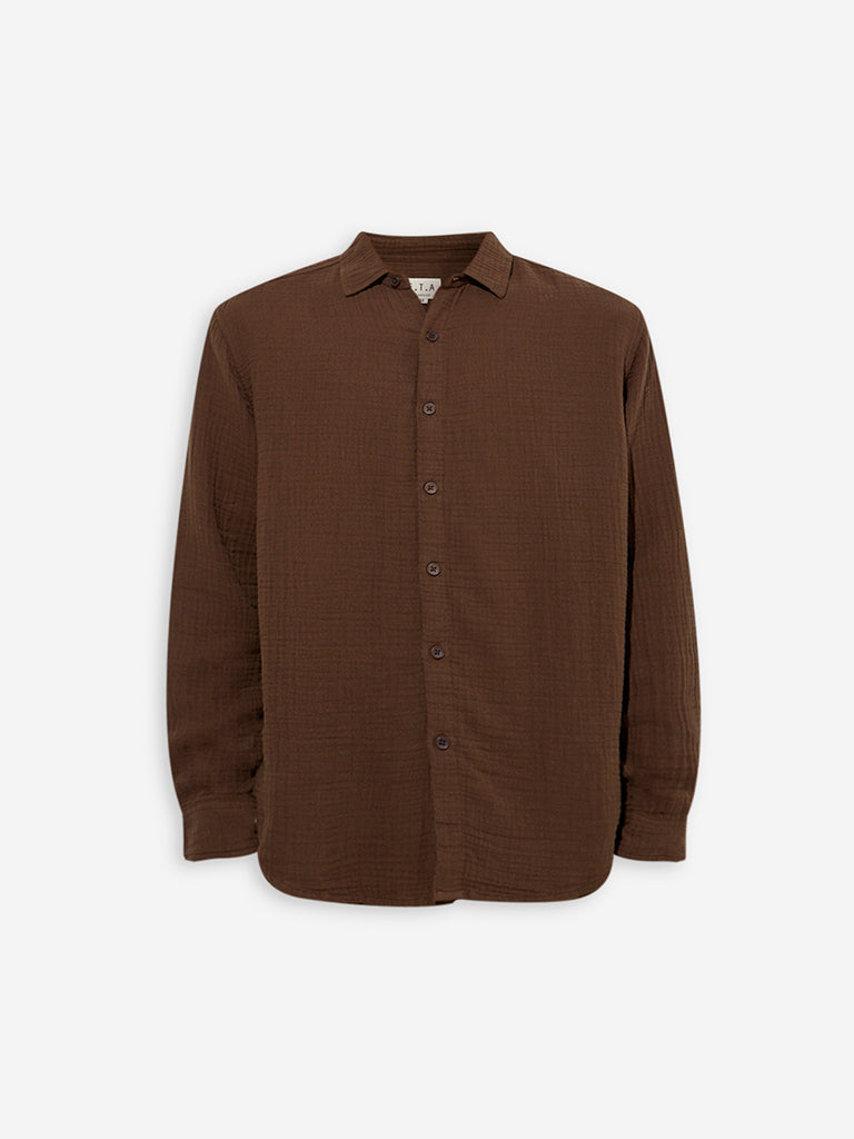 Westside ETA Men's Dark Brown Crinkle-Textured Relaxed-Fit Cotton Shirt for Casual Wear Flatlay View