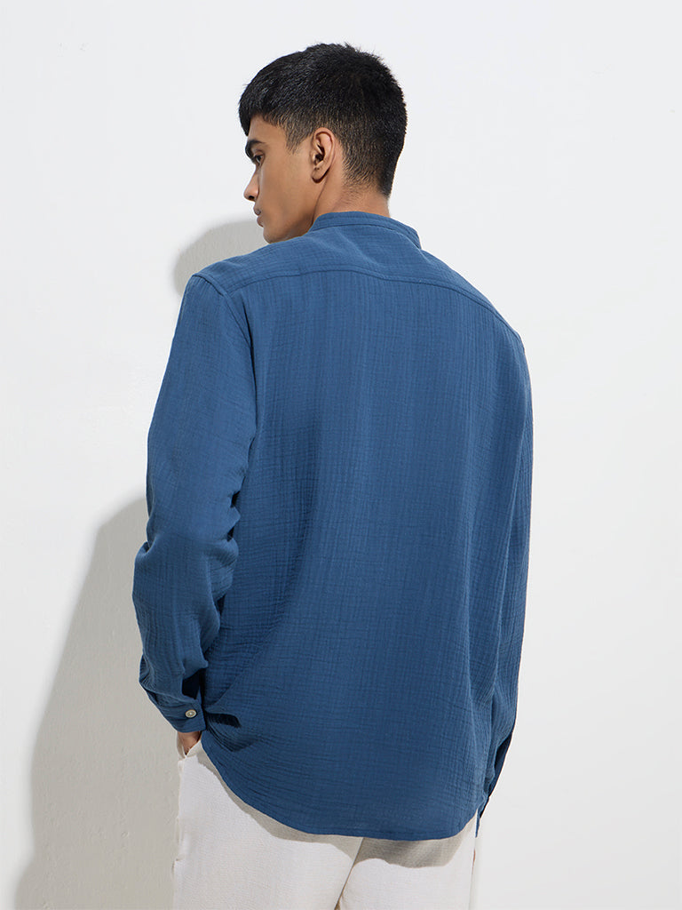 Westside ETA Men's Indigo Crinkle-Textured Relaxed-Fit Cotton Shirt for Casual Wear Zoom View