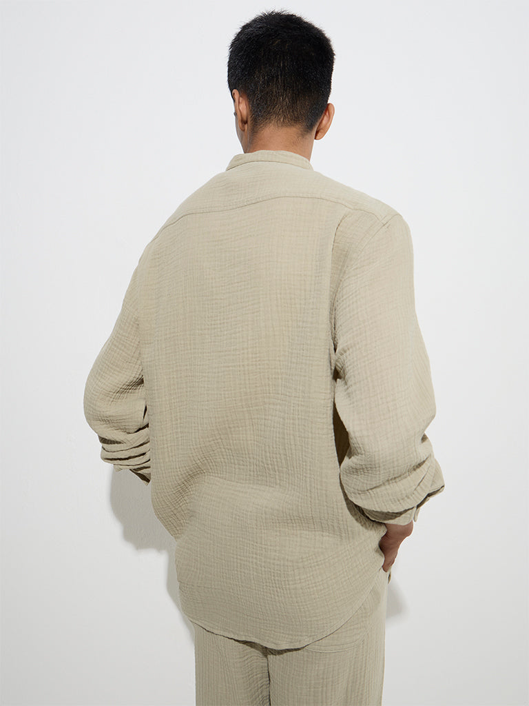 Westside ETA Men's Sage Crinkle-Textured Relaxed-Fit Cotton Shirt for Casual Wear Back View