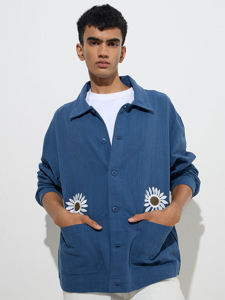 ETA Indigo Floral Embroidered Relaxed-Fit Cotton Shirt