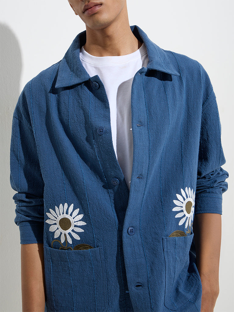 ETA Indigo Floral Embroidered Relaxed-Fit Cotton Shirt