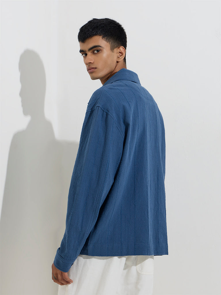 Westside ETA Men's Indigo Floral Embroidered Relaxed-Fit Cotton Shirt for Casual Wear Back View