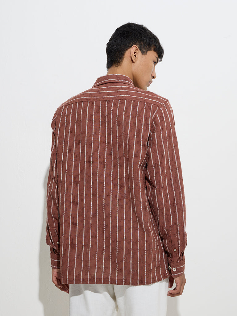 Westside ETA Men's Brown Stripe Printed Relaxed-Fit Cotton Shirt for Casual Wear Back View