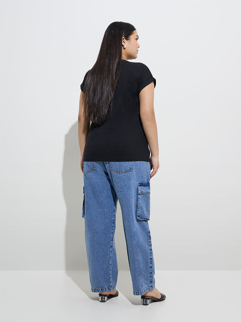 Westside Gia Women's Blue Straight-Fit High-Rise Cargo Jeans for Casual Wear Back View