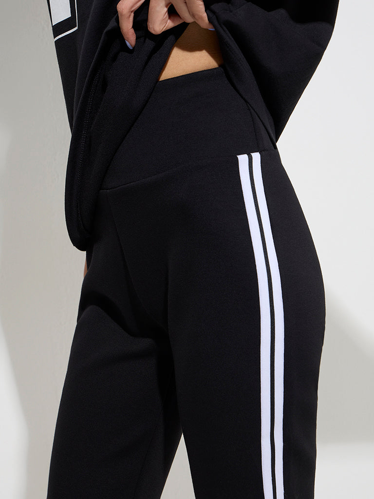 Westside Studiofit Women's Black Striped High-Rise Biker Shorts for Sports Wear Zoomed View