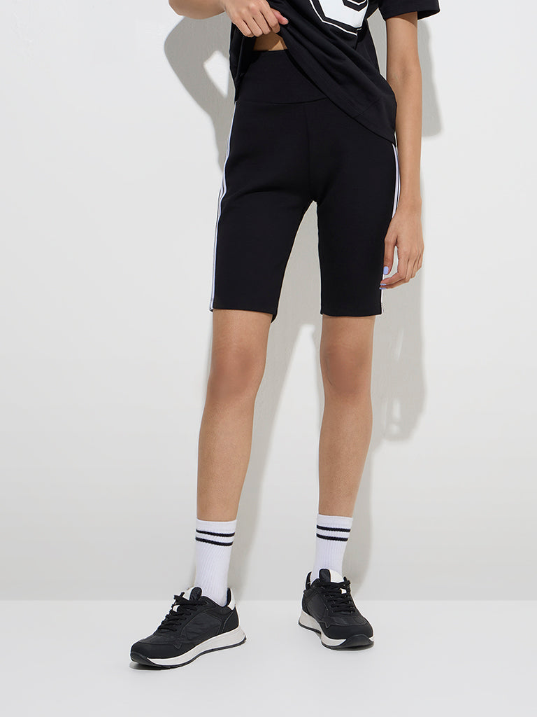 Westside Studiofit Women's Black Striped High-Rise Biker Shorts for Sports Wear Front View