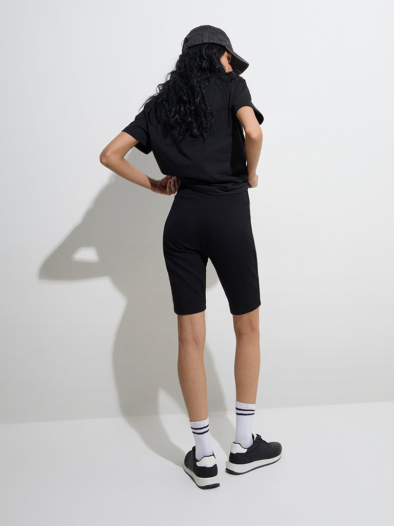 Westside Studiofit Women's Black Striped High-Rise Biker Shorts for Sports Wear Back View