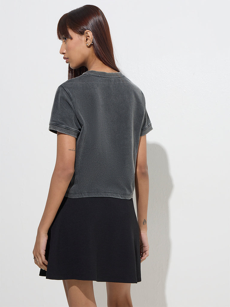 Westside Studiofit Women's Charcoal Text Printed Cotton T-Shirt for Sports Wear Back View