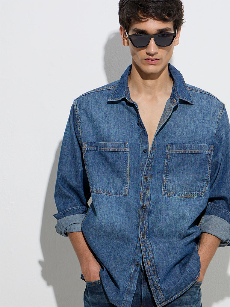 Westside WES Casuals Men's Blue Relaxed-Fit Denim Shirt for Casual Wear Zoom View