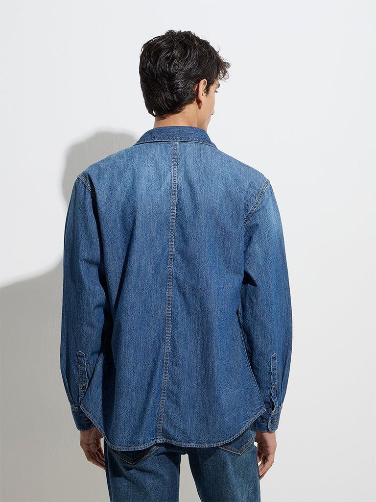 Westside WES Casuals Men's Blue Relaxed-Fit Denim Shirt for Casual Wear Back View