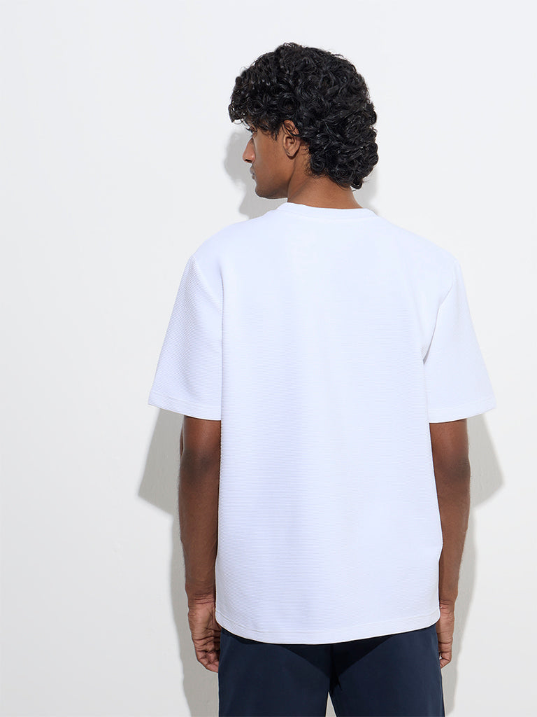 Westside WES Casuals Men's White Textured Relaxed-Fit Cotton-Blend T-Shirt for Casual Wear Back View