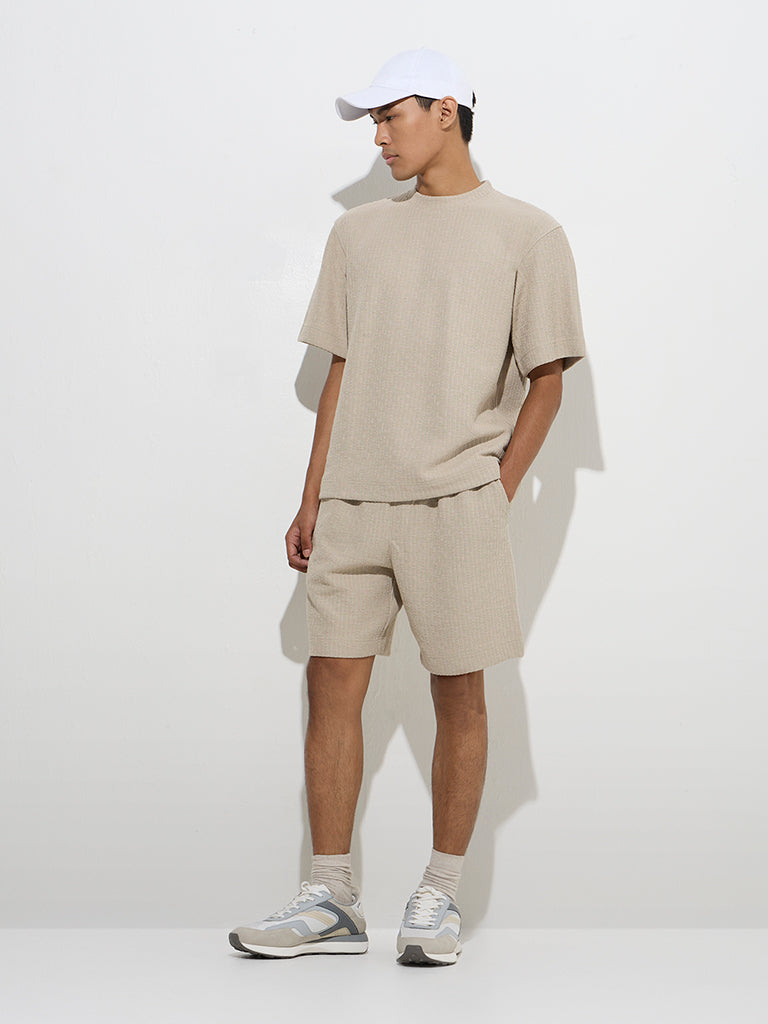 Westside Studiofit Men's Beige Self-Striped Relaxed-Fit Mid-rise Shorts for Sports Wear Full Model View