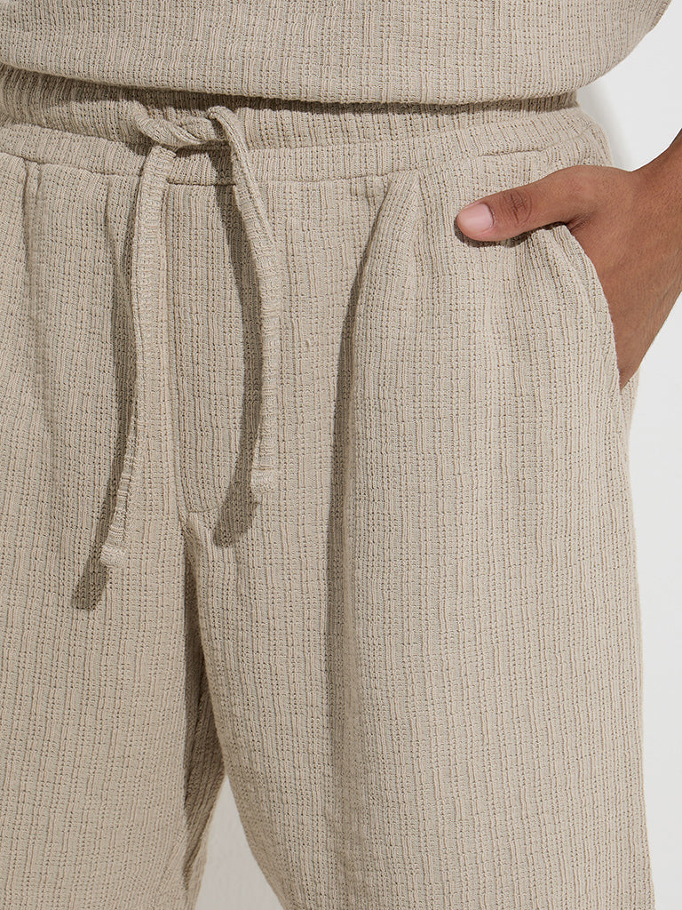 Westside Studiofit Men's Beige Self-Striped Relaxed-Fit Mid-rise Shorts for Sports Wear Zoom View