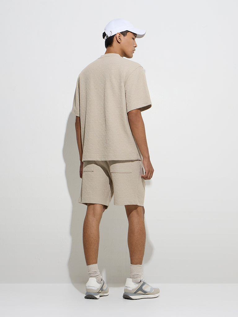 Westside Studiofit Men's Beige Self-Striped Relaxed-Fit Mid-rise Shorts for Sports Wear Back View