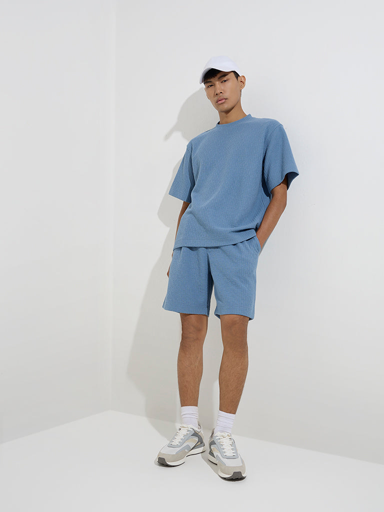 Westside Studiofit Men's Blue Self-Striped Relaxed-Fit Mid-Rise Shorts for Sports Wear Full Model View