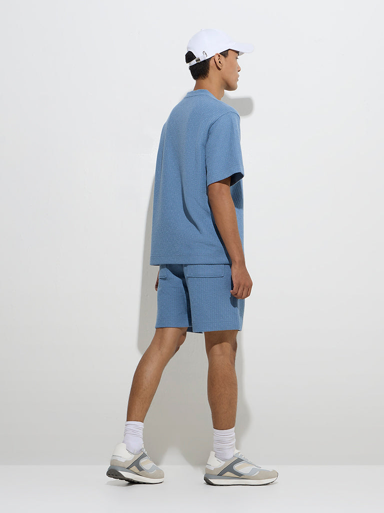 Westside Studiofit Men's Blue Self-Striped Relaxed-Fit Mid-Rise Shorts for Sports Wear Back View
