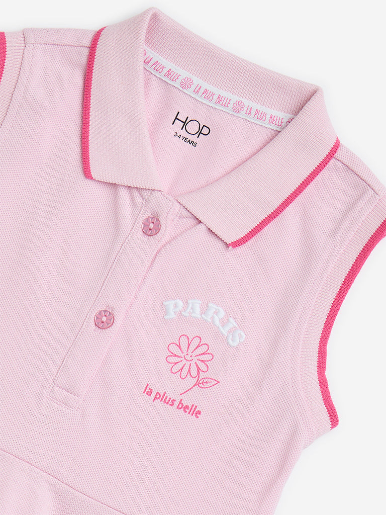 Westside HOP Girls' Kids Pink Text Design Cotton Skater Dress for Casual Wear Zoom View