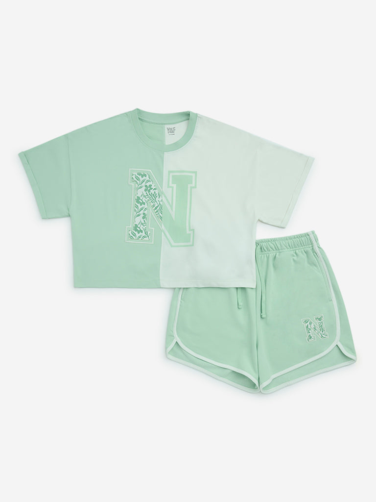 Y&F Kids Mint Text Pattern Cotton T-Shirt and Shorts Set