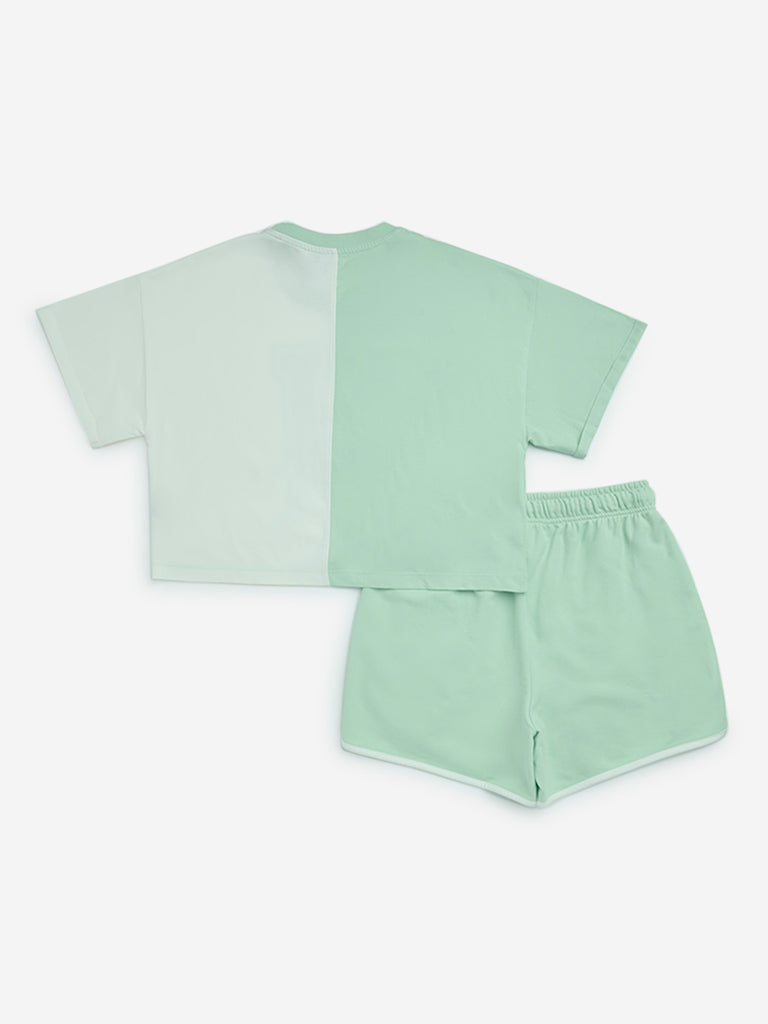Y&F Kids Mint Text Pattern Cotton T-Shirt and Shorts Set