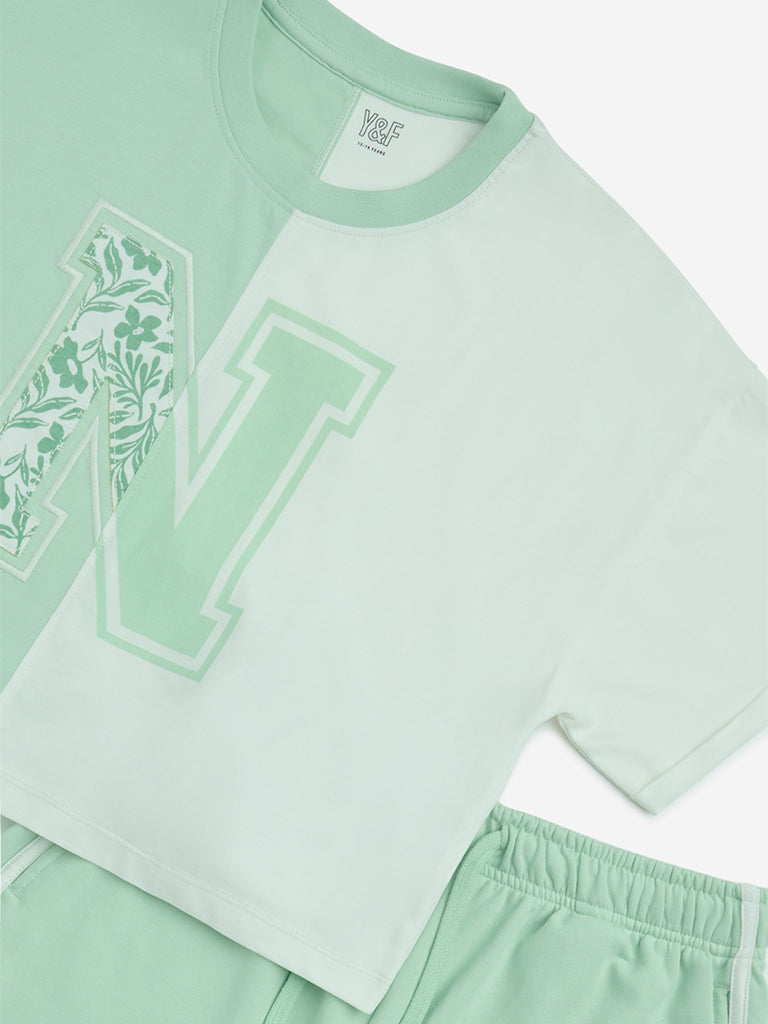 Westside Y&F Girls' Kids Mint Text Pattern Cotton T-Shirt and Shorts Set for Casual Wear Zoom View