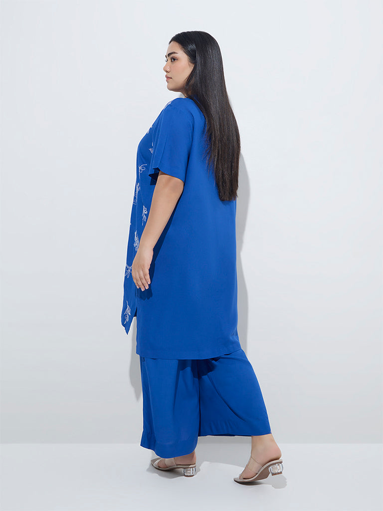 Westside Diza Women's Blue Botanical Embroidered High-Low Kurta for Work Wear Back View