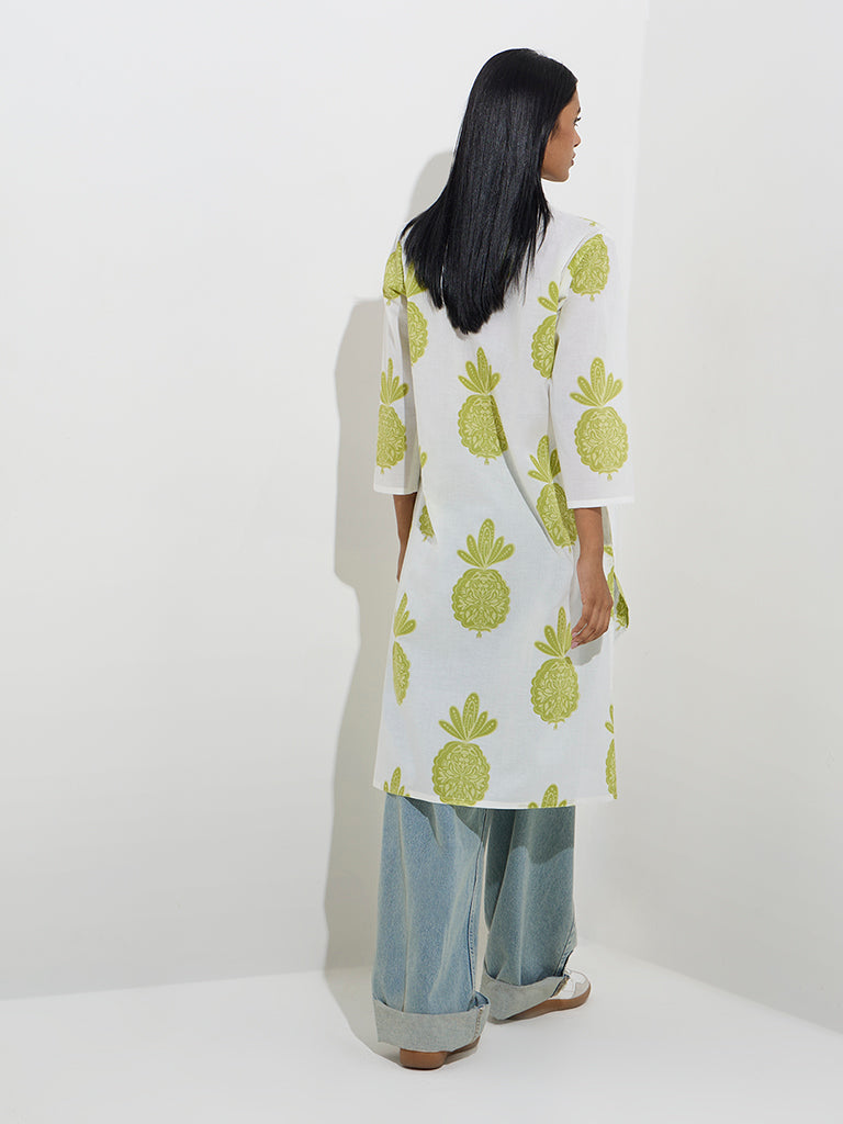 Westside Utsa Women's White Butta Printed Straight Kurta for Everyday Back View