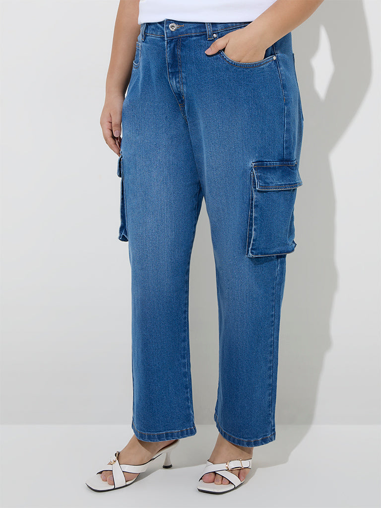 Gia Dark Blue Cargo-Style Relaxed - Fit Mid - Rise Jeans