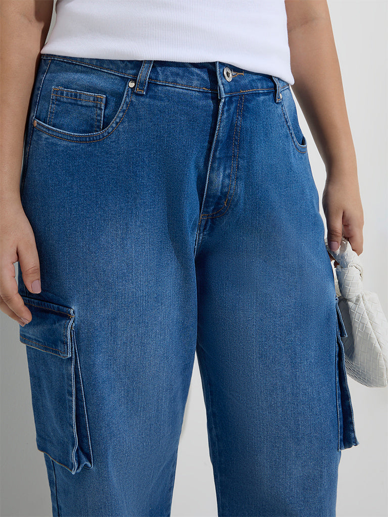 Gia Dark Blue Cargo-Style Relaxed - Fit Mid - Rise Jeans