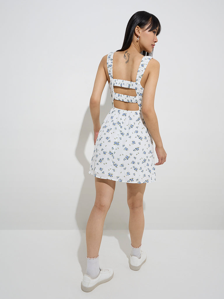Westside Nuon Women's White Floral Design Cotton A-Line Dress for Casual Wear Back View