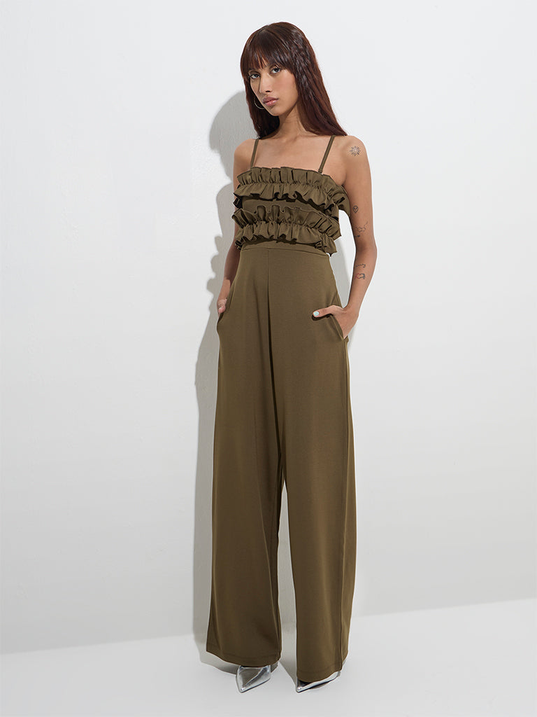 Nuon Olive Ruffle-Detailed Jumpsuit