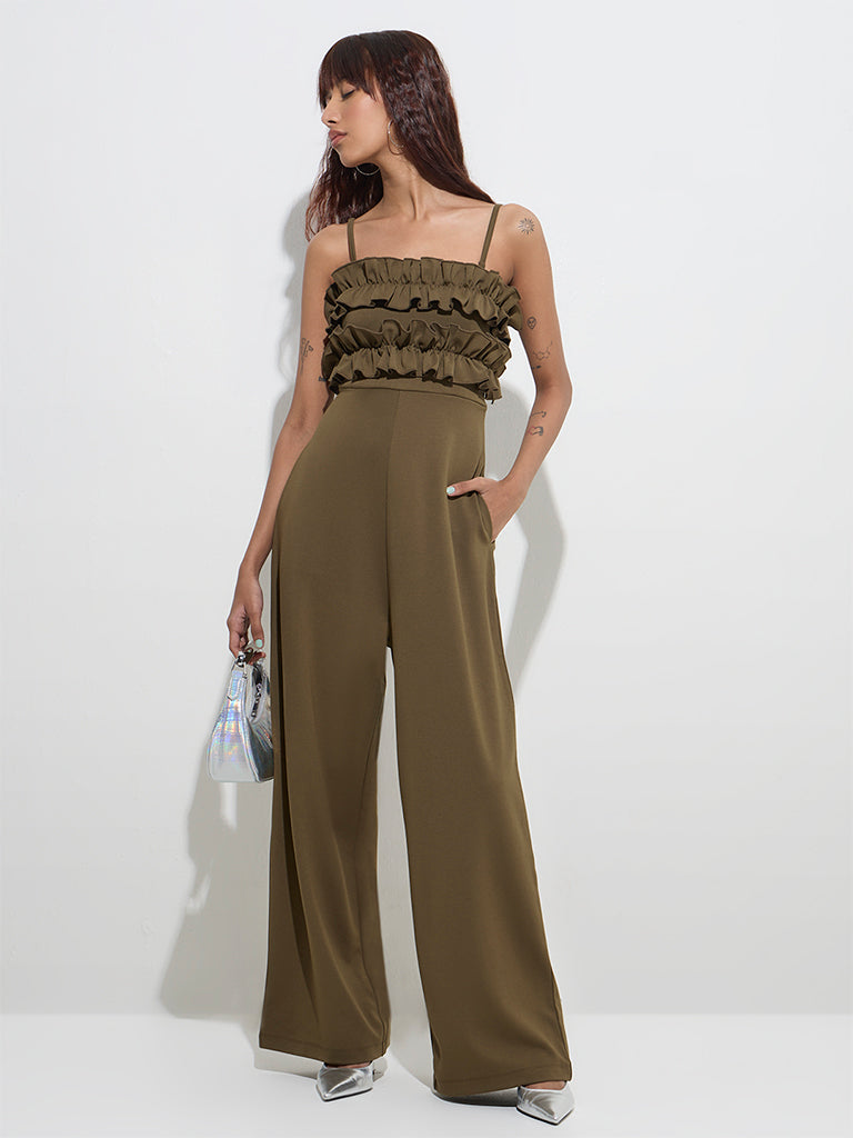 Nuon Olive Ruffle-Detailed Jumpsuit