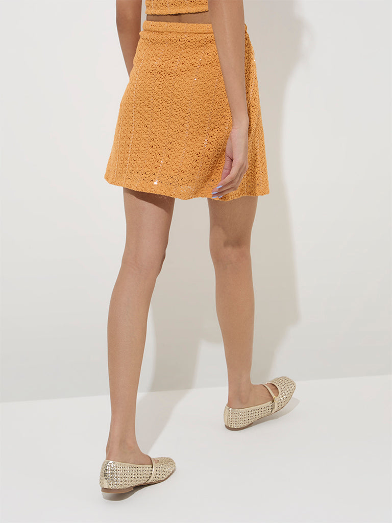 Westside Nuon Women's Orange Knit-Texture Cotton High-Rise Skirt for Casual Wear Back View