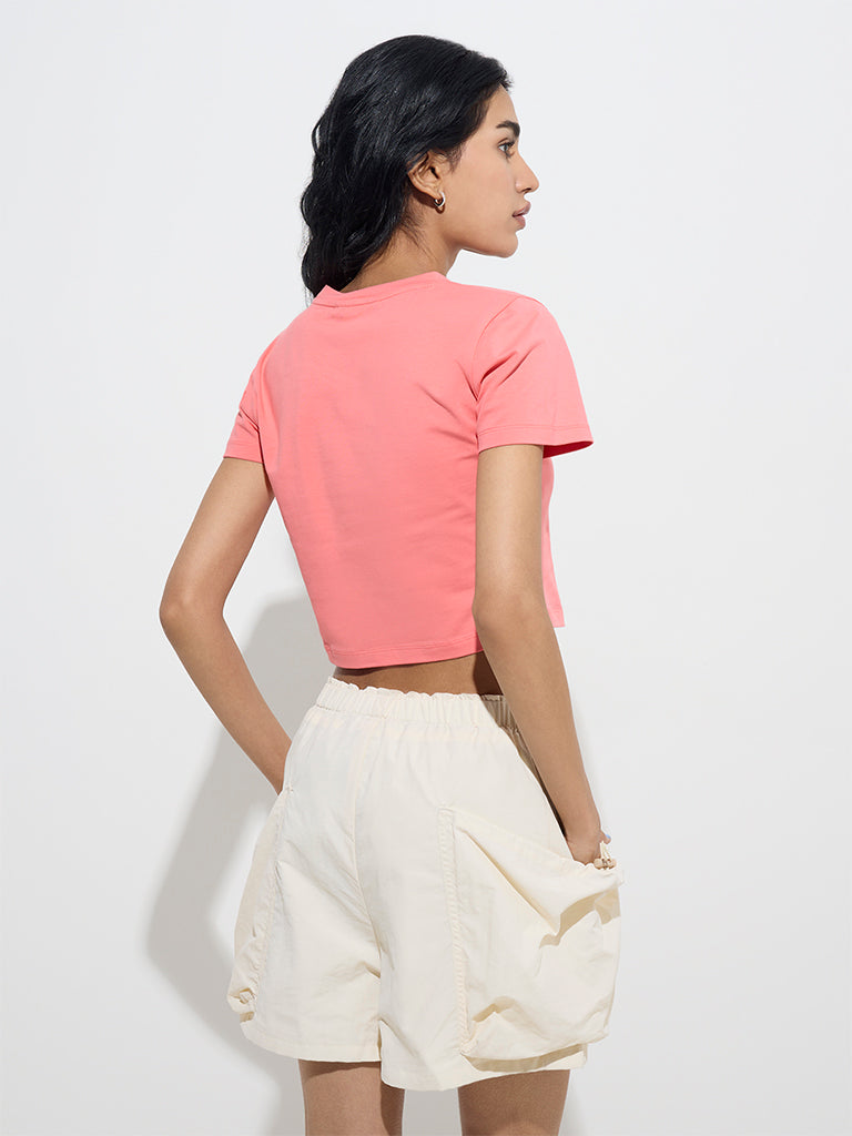 Westside Nuon Women's Coral Cotton-Blend Crop Top for Casual Wear Back View