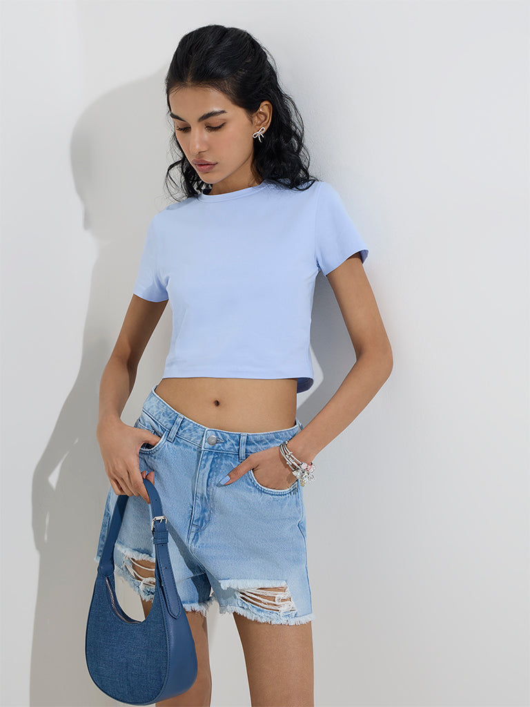 Westside Nuon Women's Light Blue Cotton-Blend Crop Top for Casual Wear Front View