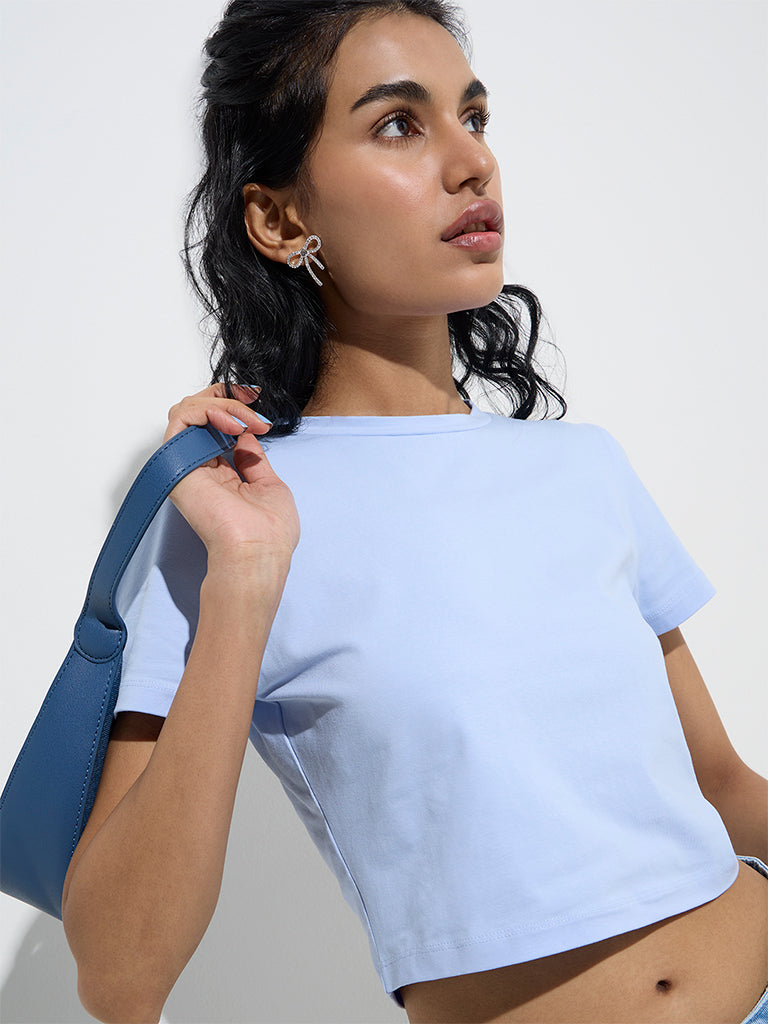 Westside Nuon Women's Light Blue Cotton-Blend Crop Top for Casual Wear Zoomed View