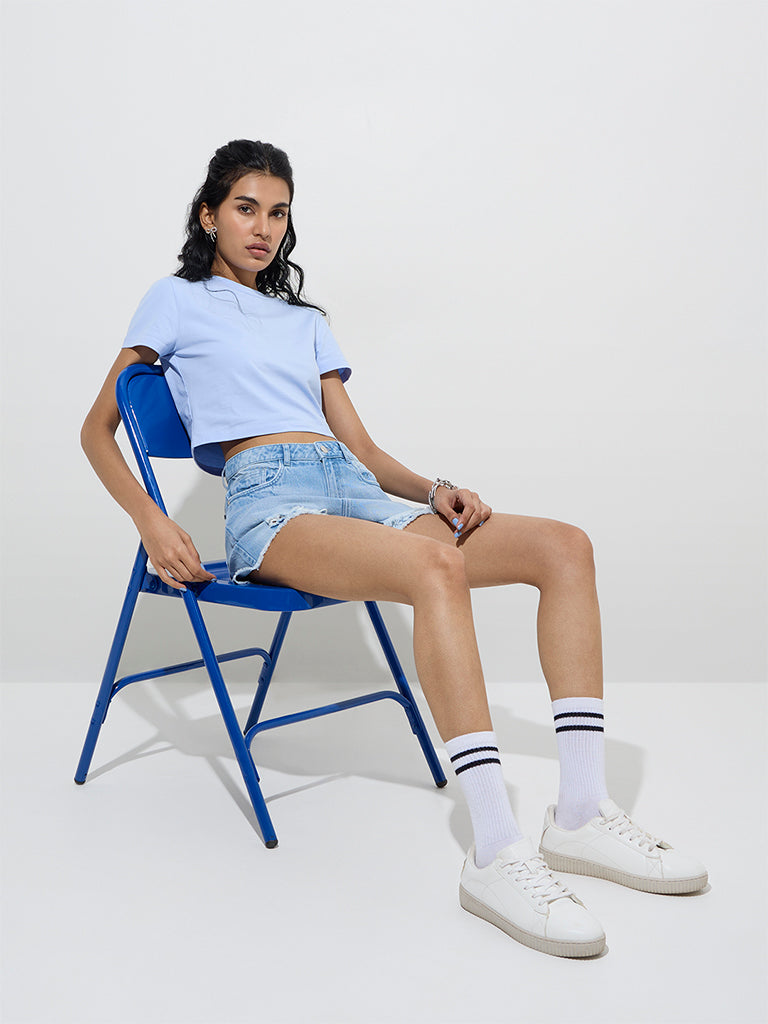 Westside Nuon Women's Light Blue Cotton-Blend Crop Top for Casual Wear Front View
