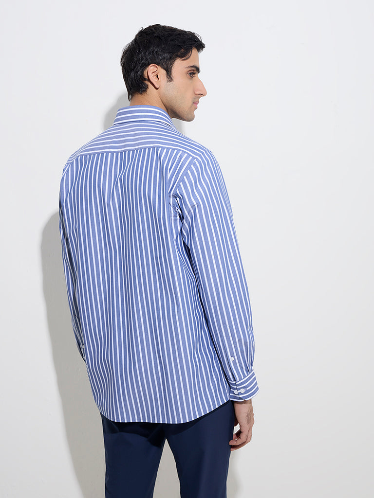 Westside WES Formals Men's Navy Striped Slim-Fit Cotton Shirt for Work Wear Back View