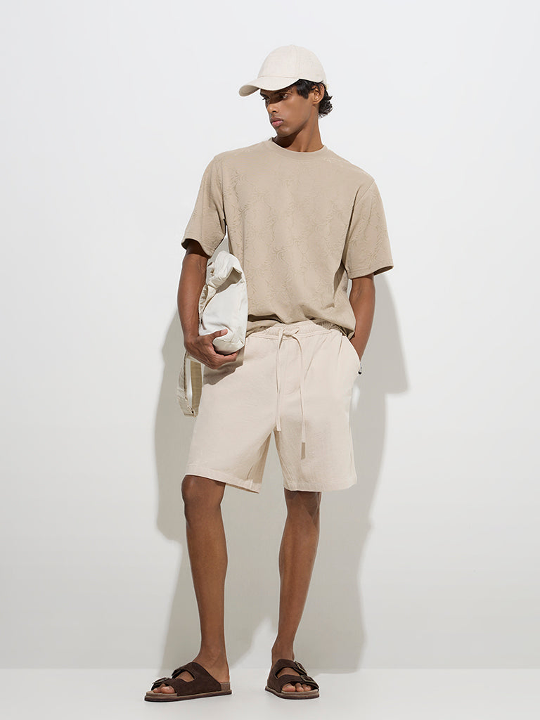 Westside ETA Men's Off-White Relaxed-Fit Mid-Rise Cotton Shorts for Casual Wear Full Model View