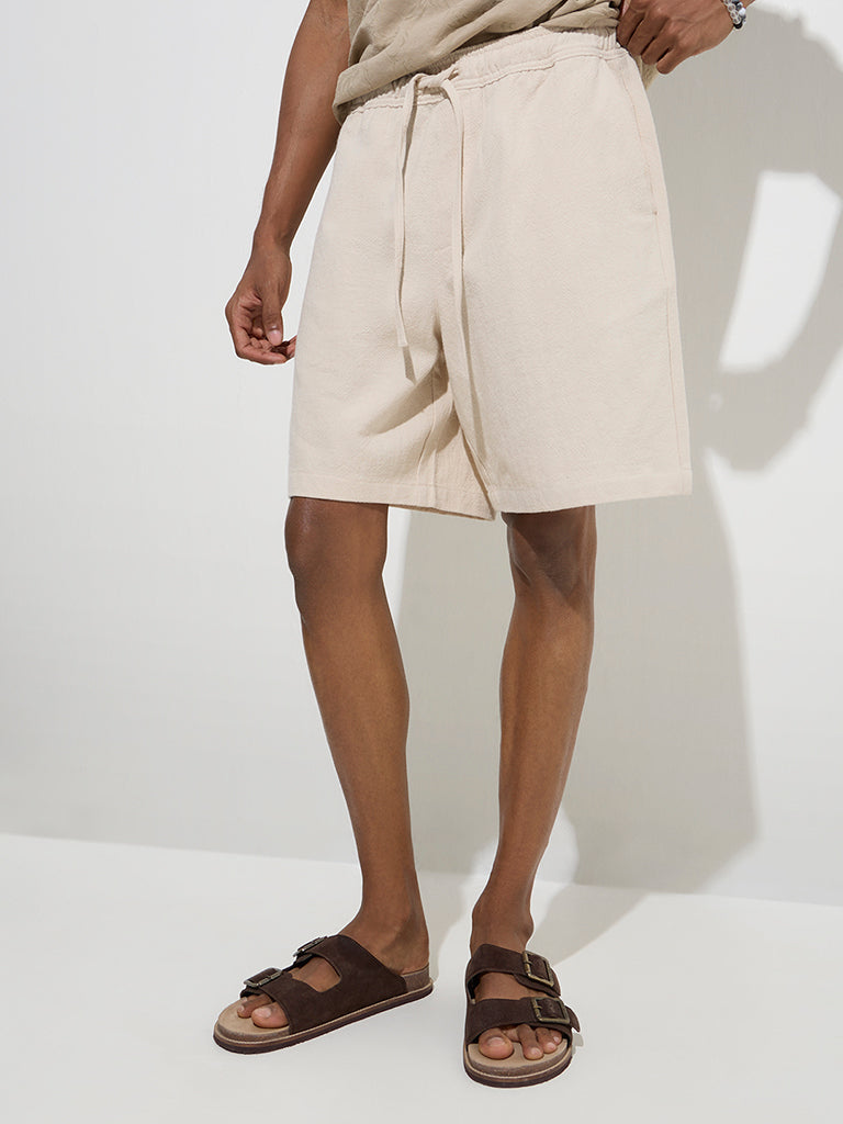 Westside ETA Men's Off-White Relaxed-Fit Mid-Rise Cotton Shorts for Casual Wear Front View