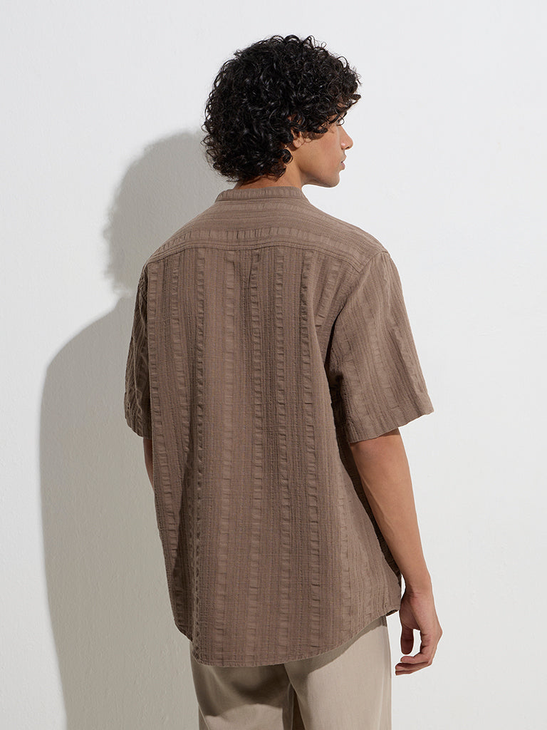Westside ETA Men's Brown Self-Textured Relaxed-Fit Cotton-Blend Shirt for Casual Wear Back View