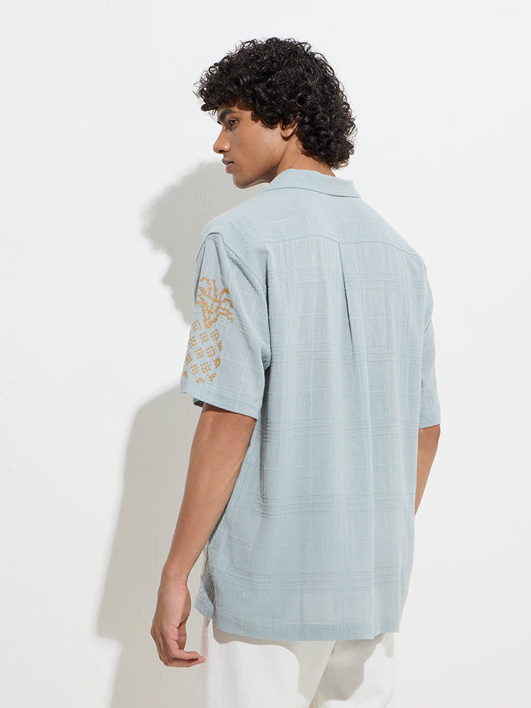 westisde ETA Men's Teal Embroidered Relaxed-Fit Cotton-Blend Shirt for Casual Wear Back View