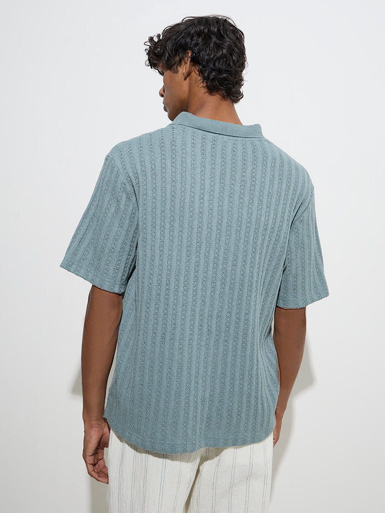 Westside ETA Men's Teal Knit-Textured Relaxed-Fit Polo T-Shirt for Casual Wear Back View