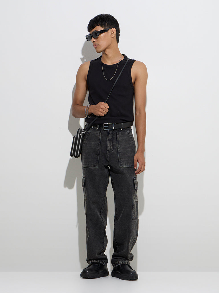 Nuon Charcoal Relaxed-Fit Mid-Rise Cargo Jeans
