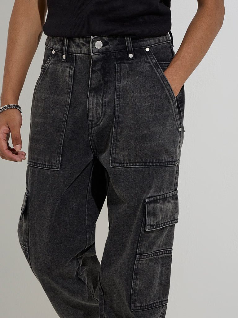 Nuon Charcoal Relaxed-Fit Mid-Rise Cargo Jeans
