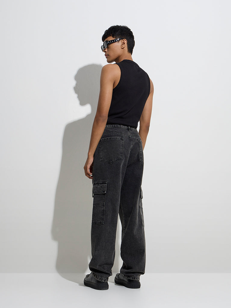 Nuon Charcoal Relaxed-Fit Mid-Rise Cargo Jeans