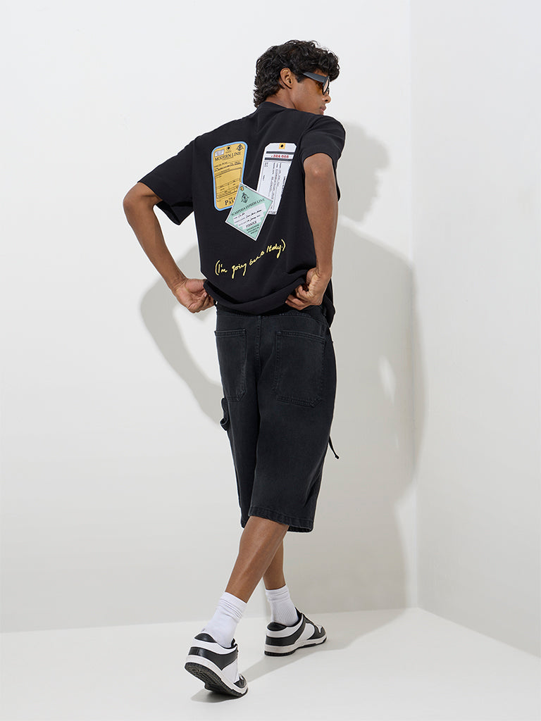 Westside Nuon Men's Charcoal Relaxed-Fit Mid-Rise Denim Jorts for Casual Wear Back View