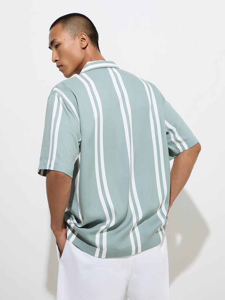 Westside Nuon Men's Sage Striped Relaxed-Fit Cotton-Blend Shirt for Casual Wear Back View