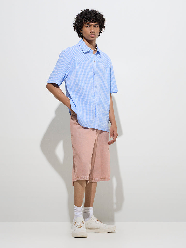 Nuon Blue Checkered Relaxed-Fit Shirt